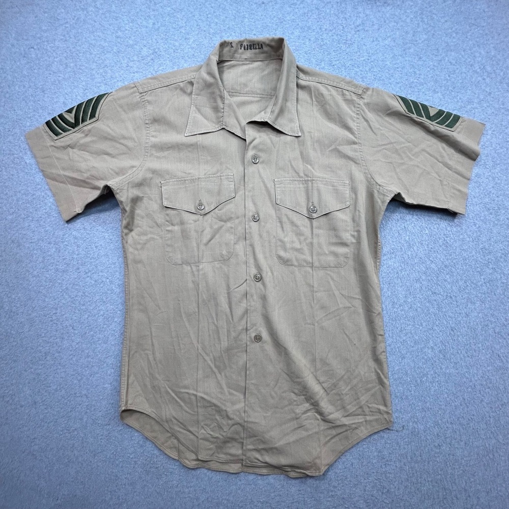 USMC Khaki Shirt Sz M Mens Tan Military Fit Short Sleeve Sergeant Chevrons Patch